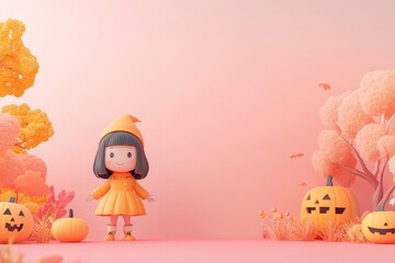 Fototapeta premium Cute cartoon girl and Halloween pumpkins in magical autumn scene