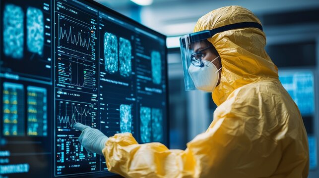 Analyzing Global Mpox (Monkeypox) Cases: Healthcare Professional in Protective Gear Reviewing Data on Digital Screen - Powered by Adobe