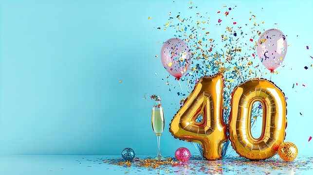 40th Birthday Bash: Stunning Golden Balloon Display with Colorful Streamers and Confetti for a Perfect Sports Interior Poster!