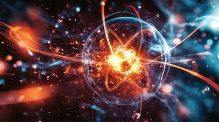 Obraz premium Graphic representation of nuclear fission, capturing the intense energy release and particle scatter in a controlled environment.