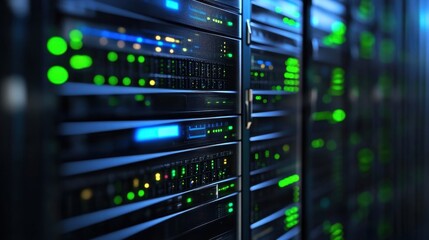 Naklejka premium High-tech server racks in a modern data center. The sleek metallic towers are stacked neatly, glowing with green and blue lights against a dark background.