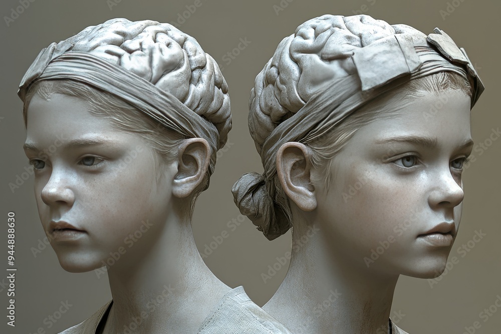 Poster twin busts with brain caps depicting the parallels and divergences in cognitive development and thou