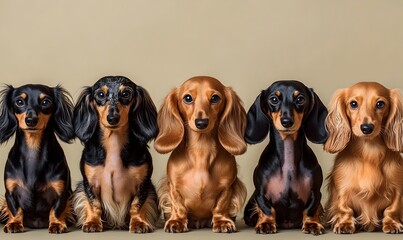 Diverse Dachshund Dogs Sitting Together on a Calming Sage Background