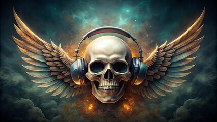 Skull with wings and headphones, symbolizing music and rebellion, skull, wings, headphones, music, rebellion, death