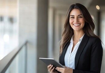 A businesswoman smiling and holding a tablet, with copy space on the left side for text or design