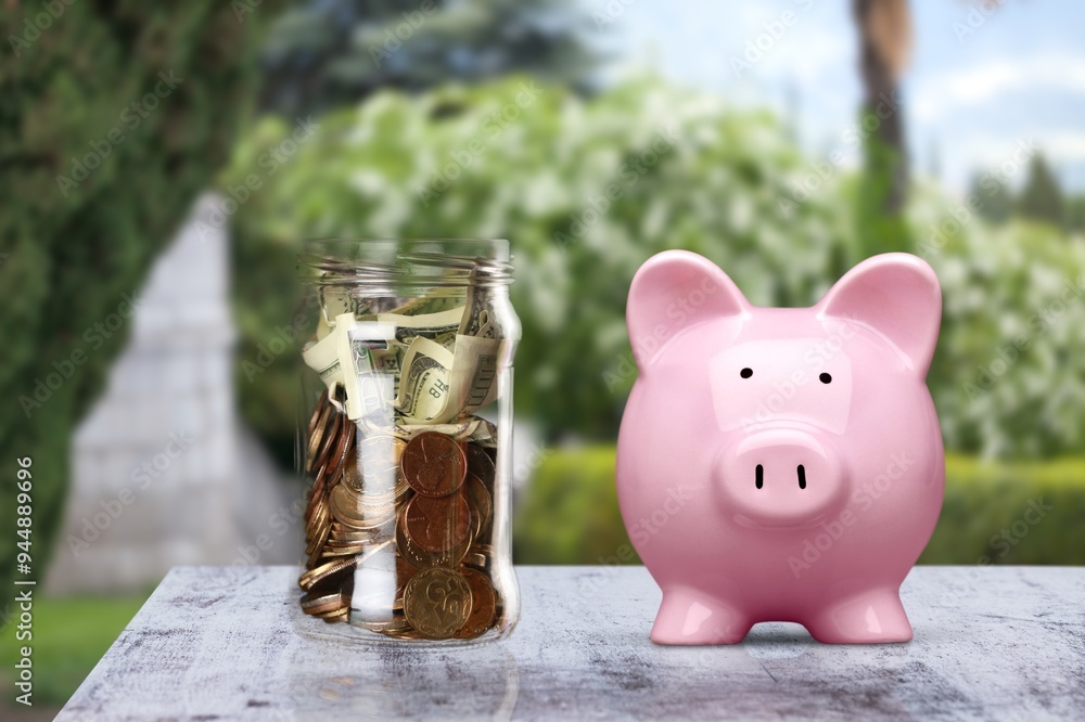 Canvas Prints saving money concept, coins in piggy bank on nature background