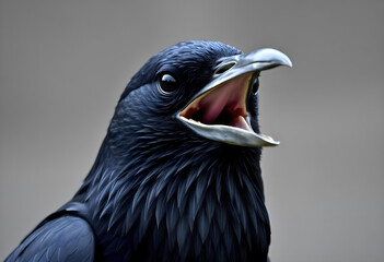 Close-up of a black raven with sharp details against a soft, blurred gray background, evoking mystery.