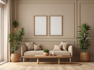 Minimalist Living Room with Beige Sofa, Wooden Coffee Table, and Plants