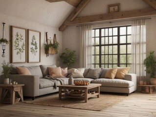 Cozy Living Room with Sectional Sofa, Plants, and Wooden Accents