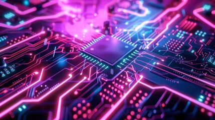 Fototapeta premium 3D rendering of a futuristic circuit board with purple and blue lights flashing. The image is very detailed and shows the complexity of the circuit.
