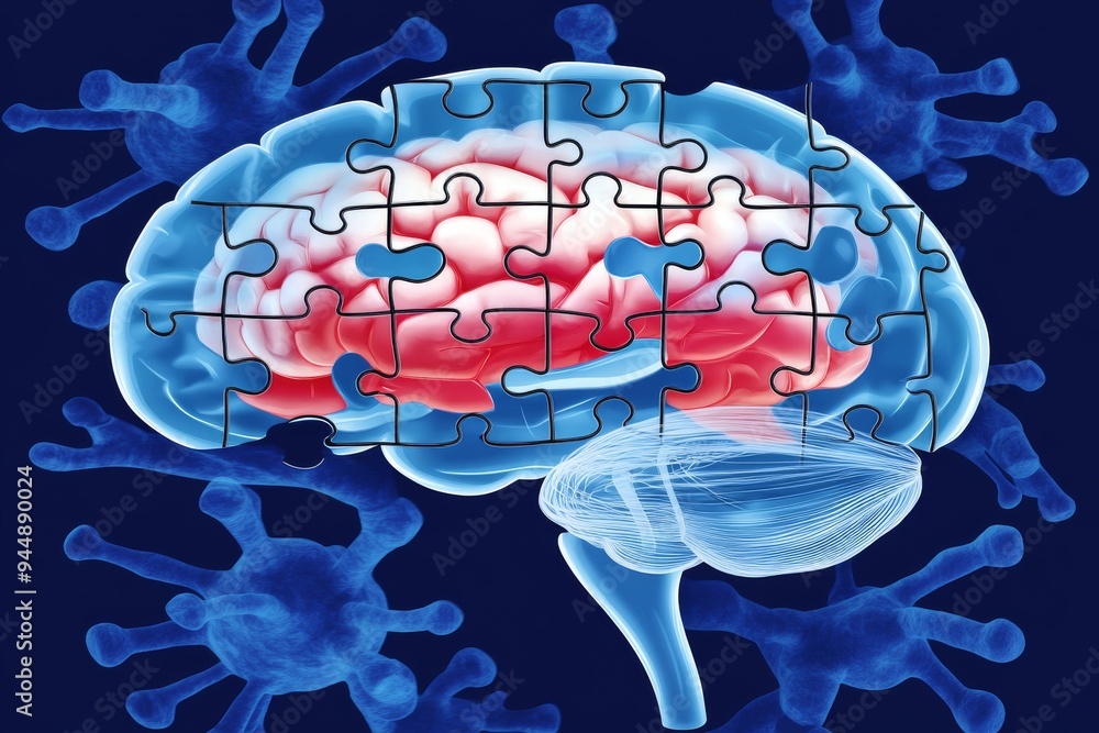 Poster human brain illustrated as a puzzle depicting the complexity and interplay of cognitive functions