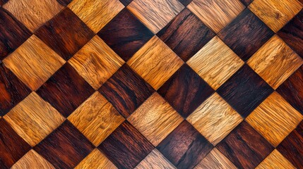 Wooden floor with a checkered pattern, featuring various shades of brown and golden wood tiles arranged in a diagonal layout.