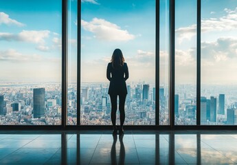 Fototapeta premium A businesswoman standing in front of a large window, with city skyline visible and copy space on the left