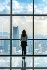 Fototapeta premium A businesswoman standing in front of a large window, with city skyline visible and copy space on the left
