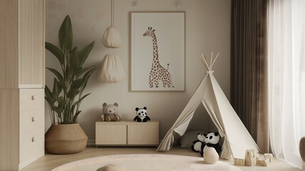 Minimalistic Beige-Toned Children's Bedroom with Panda Plush Toy, Giraffe Wall Art, and Cozy Indoor Tent, Creating a Warm and Inviting Space with Simple Design Elements, Ideal for Posters, Backgrounds
