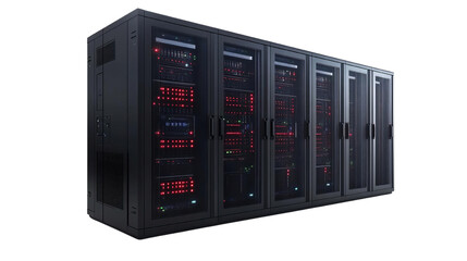 High-tech data center with multiple server racks illuminated by red lights, designed for efficient data management and storage.