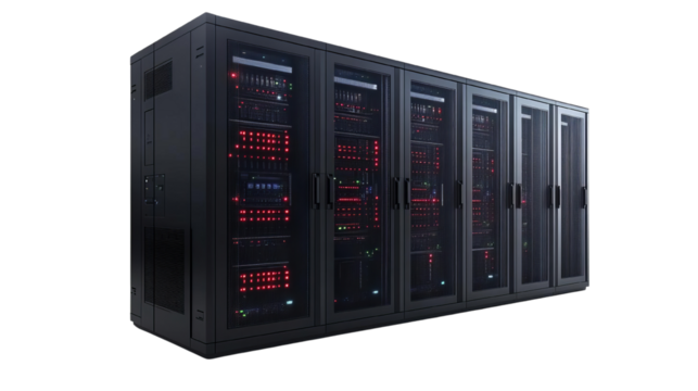 High-tech data center with multiple server racks illuminated by red lights, designed for efficient data management and storage. - Powered by Adobe