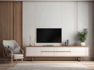 Modern Living Room with White Wall, Wooden Accents, and a Flat Screen TV