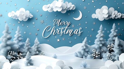 A serene paper-cut night sky with a crescent moon and stars, "Merry Christmas" written in a flowing script across the sky, soft blues and silvers, delicate paper textures, hd quality,