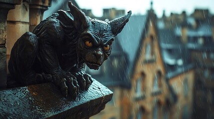 Stone Gargoyle Statue in the Rain - Realistic Photo
