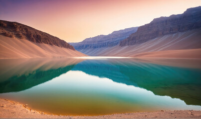 Fototapeta premium A still lake reflects the mountains and sky at sunset