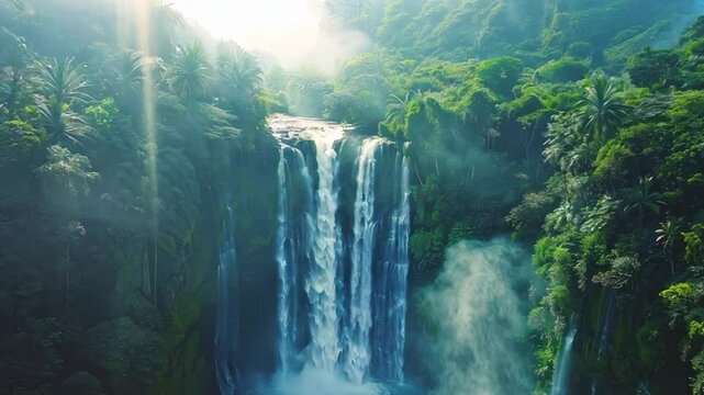A drone capturing the beauty of a large waterfall in a tropical rainforest,