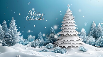 Fototapeta premium A snow-covered paper-cut Christmas tree standing in a wintery forest, 