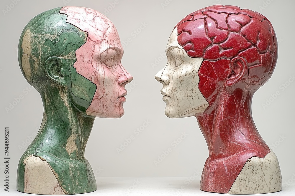 Poster sculpted heads with puzzle brains facing each other depicting the connection and complexity of human