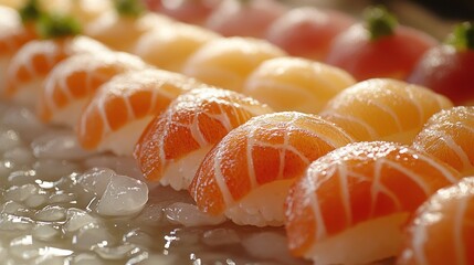 Sushi Delicacies: A Close-Up Look at Salmon and Other Fish Nigiri