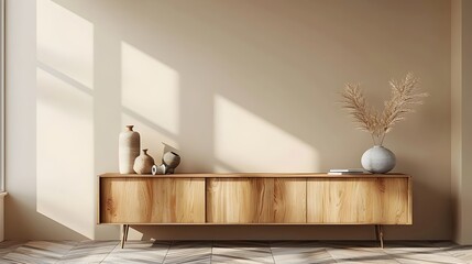 Wooden Sideboard with Decorative Accents in Minimalist Living Room