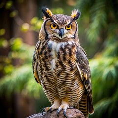Fototapeta premium great horned owl portrait of tawny owl looking at camera with blurred forest background