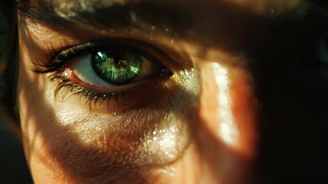 A face partially lit by a single light source, emphasizing sharp contrasts and deep shadows