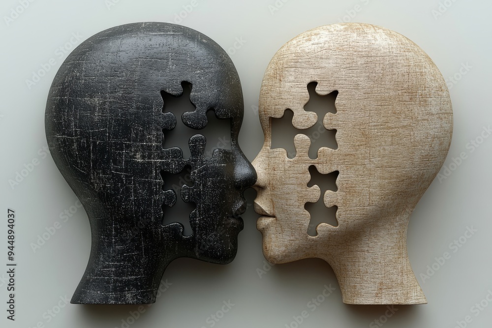 Poster stone puzzle heads facing each other depicting the connection and complexity of human thought and in