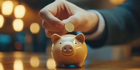 Asian Businessman Saving Money: Close-up of Hand Inserting Coin into Piggy Bank. Financial Planning, Budgeting, and Smart Spending Concept for Future Goals like Marriage, Home Ownership, and Starting 