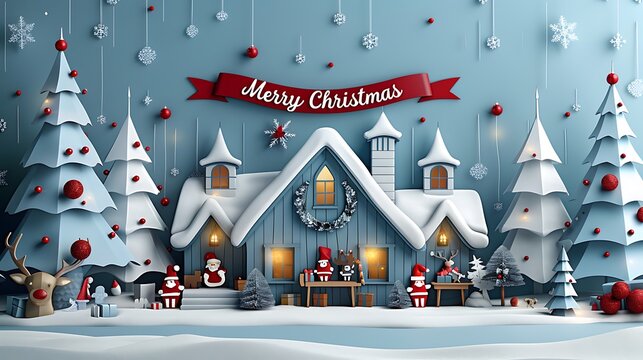 A traditional paper-cut Santa&rsquo;s workshop with wooden toys and elves working, "Merry Christmas" written on a ribbon banner above, warm earthy tones, intricate paper textures, soft lighting, hd quality,