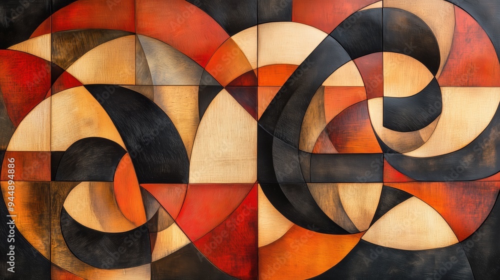 Poster an abstract geometric artwork featuring interlocking shapes in warm tones of red, orange, and black.
