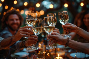 A group of people are celebrating with wine glasses. Scene is festive and joyful
