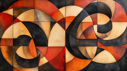 Fototapeta premium An abstract geometric artwork featuring interlocking shapes in warm tones of red, orange, and black. The composition includes curves and straight lines, creating a dynamic visual flow.