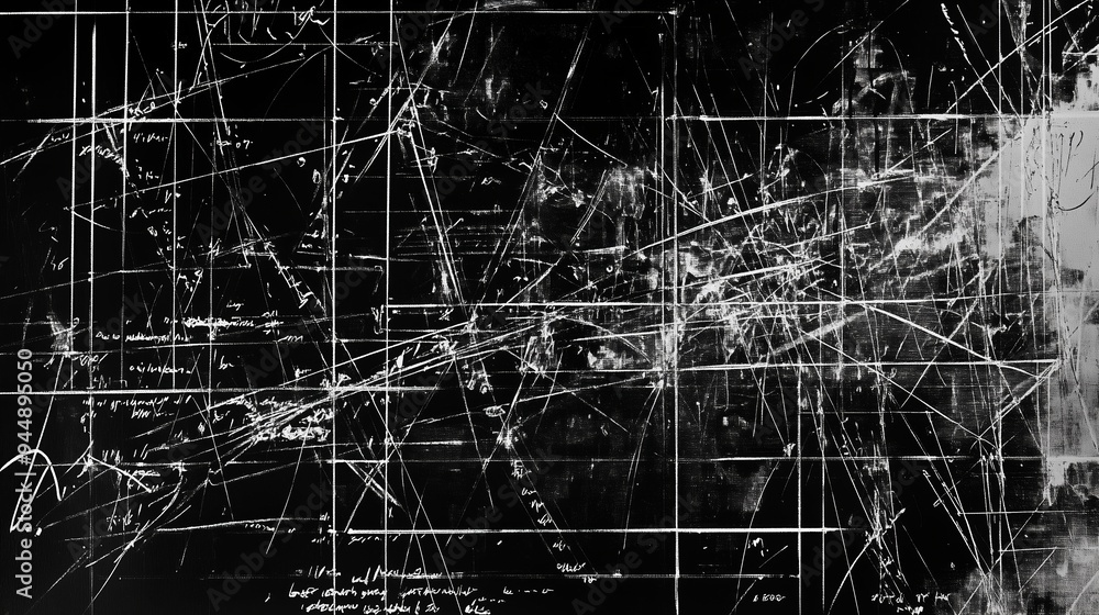 Poster abstract black and white artwork with intersecting lines, creating a dynamic visual pattern in a con