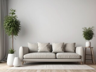 Fototapeta premium Minimalist Living Room with White Sofa and Plants