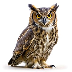 Obraz premium great horned owl full body portrait of a tawny owl looking at the camera, isolated on white background