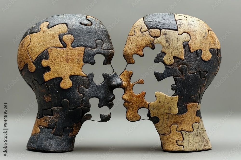 Poster stone puzzle heads facing each other depicting the connection and complexity of human thought and in