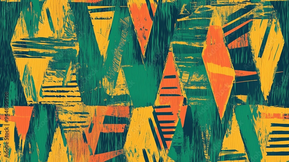 Poster a vibrant abstract pattern featuring geometric shapes in green, orange, and yellow. the design inclu