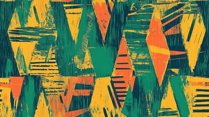A vibrant abstract pattern featuring geometric shapes in green, orange, and yellow. The design includes triangles and stripes with a textured brushstroke effect, creating a lively and dynamic visual.