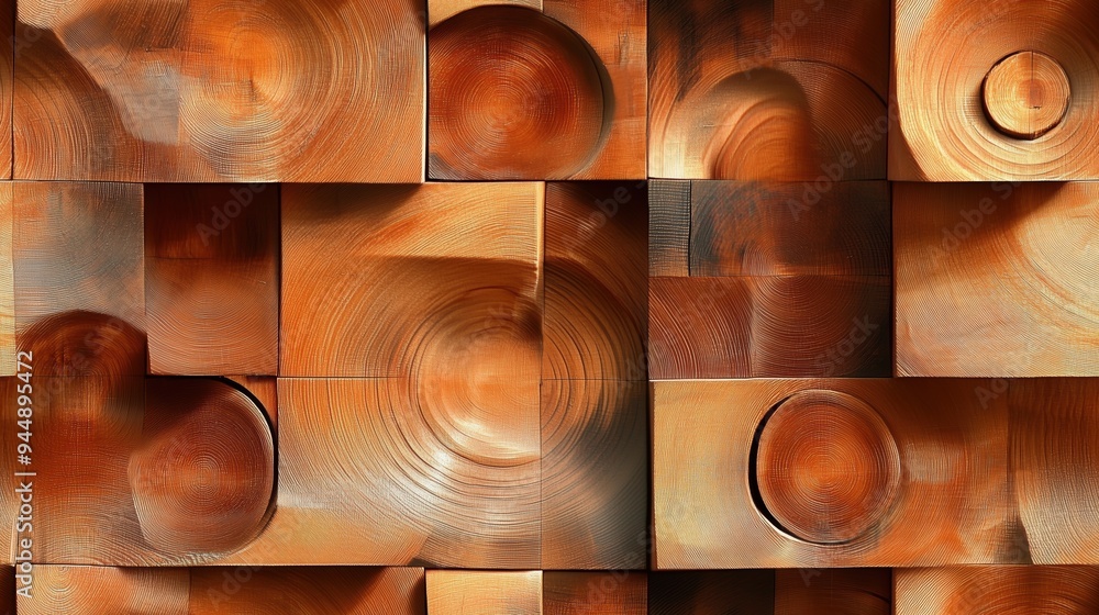 Poster an abstract composition of wooden textures featuring circular and curved patterns in warm brown tone