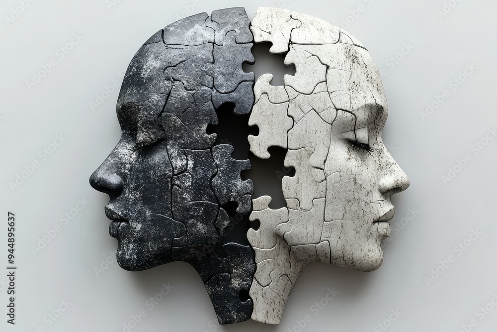 Aufkleber abstract dual head sculpture with puzzle pieces depicting the fragmentation and complexity of human 