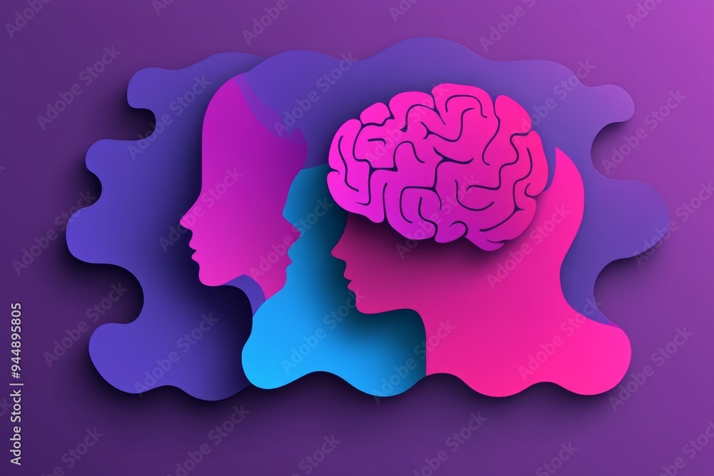 Poster colorful abstract faces with puzzle brains depicting the complexity and diversity of human identity 
