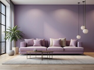 Minimalist Living Room with Purple Sofa and Pendant Lights