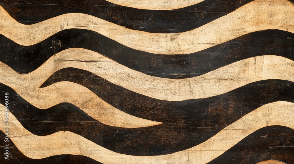 Poster a textured wooden surface featuring wavy black and beige patterns, creating a striking contrast. the