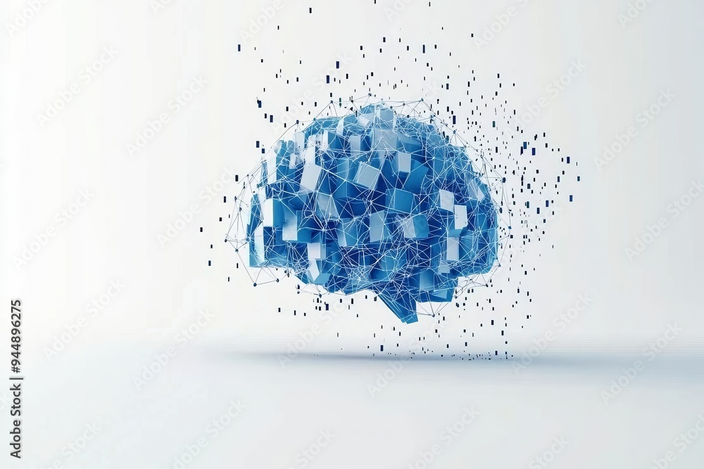 Poster abstract blue brain composed of digital cubes depicting the fragmentation and reconstruction of thou
